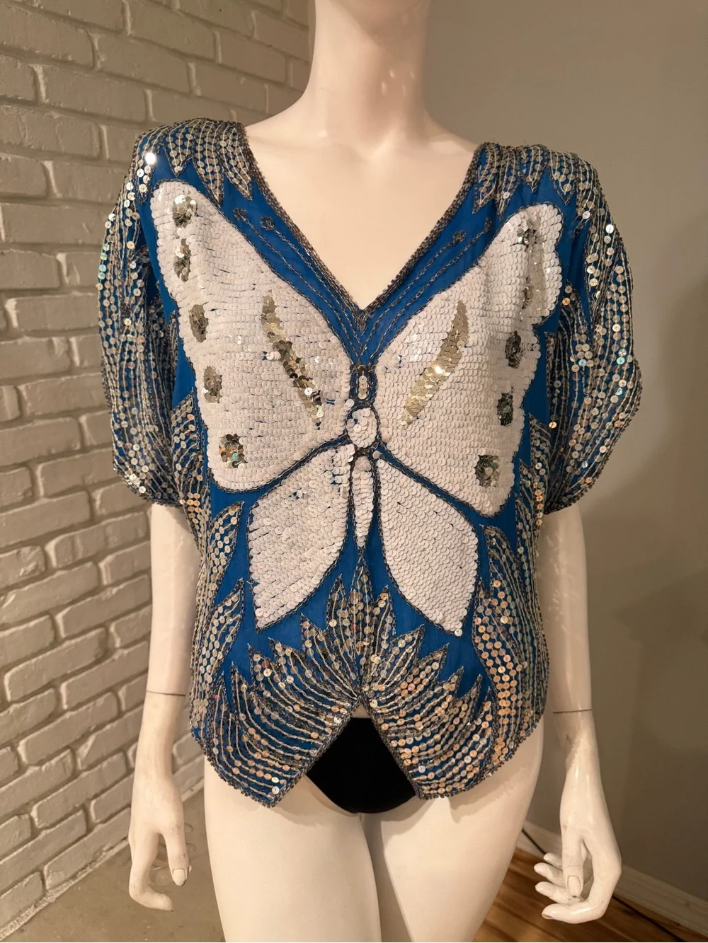 Vintage India Butterfly Sequin Beaded Silk Top Blue Silver Art Deco Oversized